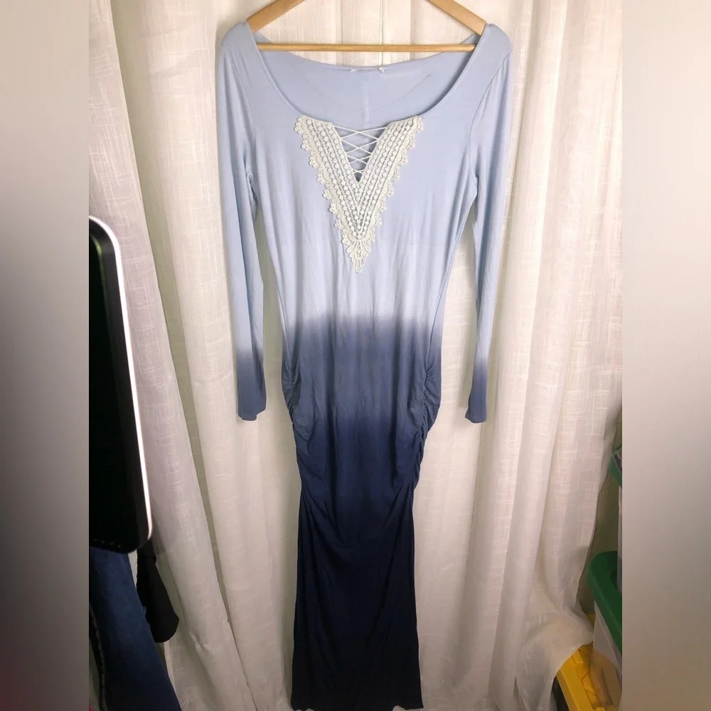 VENUS Gradient Blue Lace-Up Ombre Long Sleeve Dress NWOT M